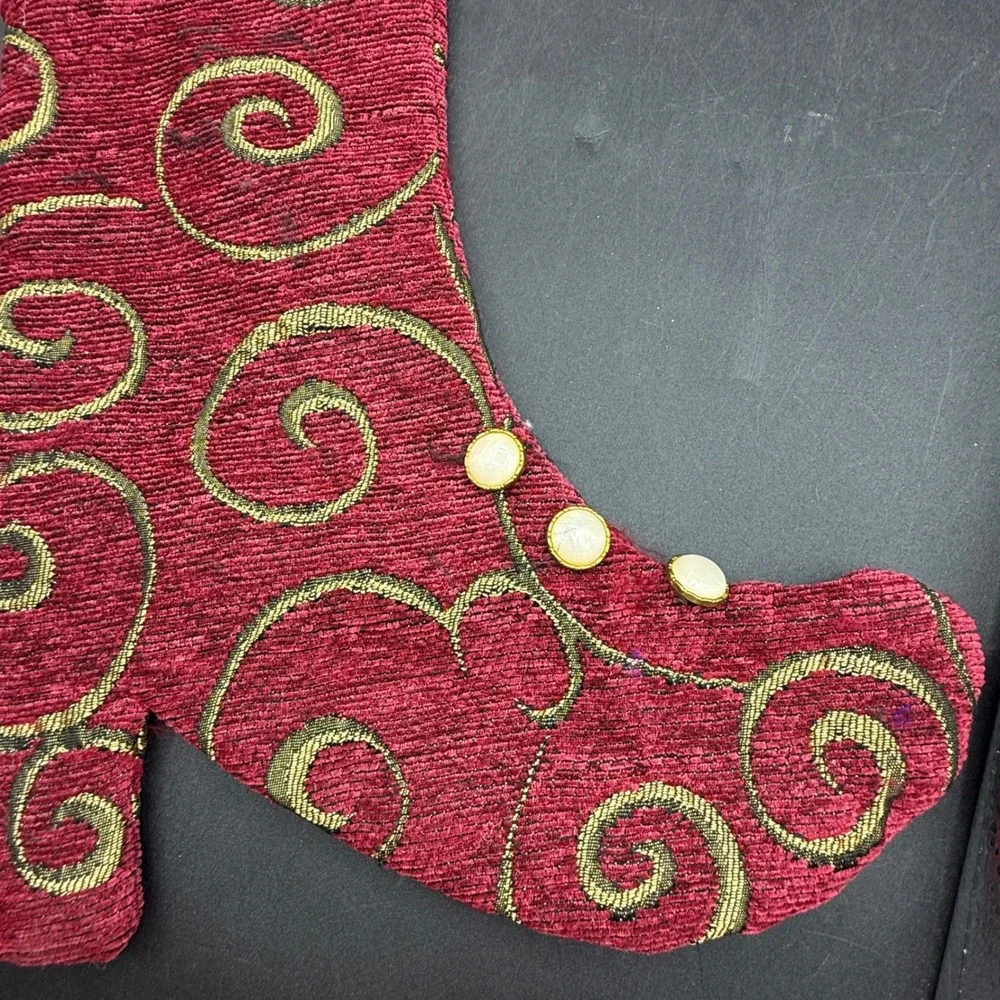 Christmas Stocking High Heel Boot Whimsy Red Green Feather Trim Beaded Victorian